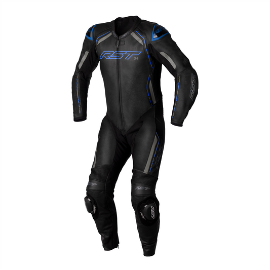 RST S1 CE Mens One Piece Leather Suit - Black / Grey / Neon Blue