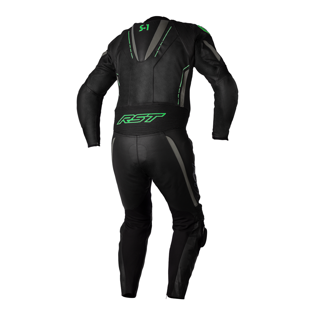 RST S1 CE Mens One Piece Leather Suit - Black / Grey / Neon Green