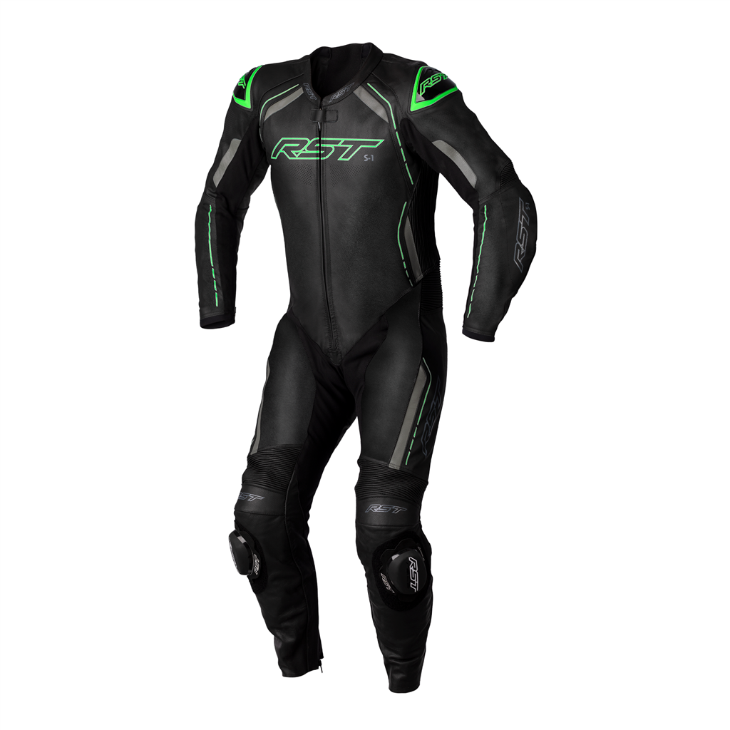 RST S1 CE Mens One Piece Leather Suit - Black / Grey / Neon Green