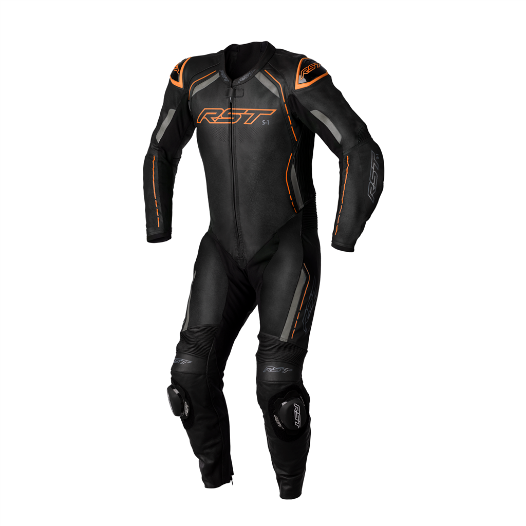 RST S1 CE Mens One Piece Leather Suit - Black / Grey / Neon Orange