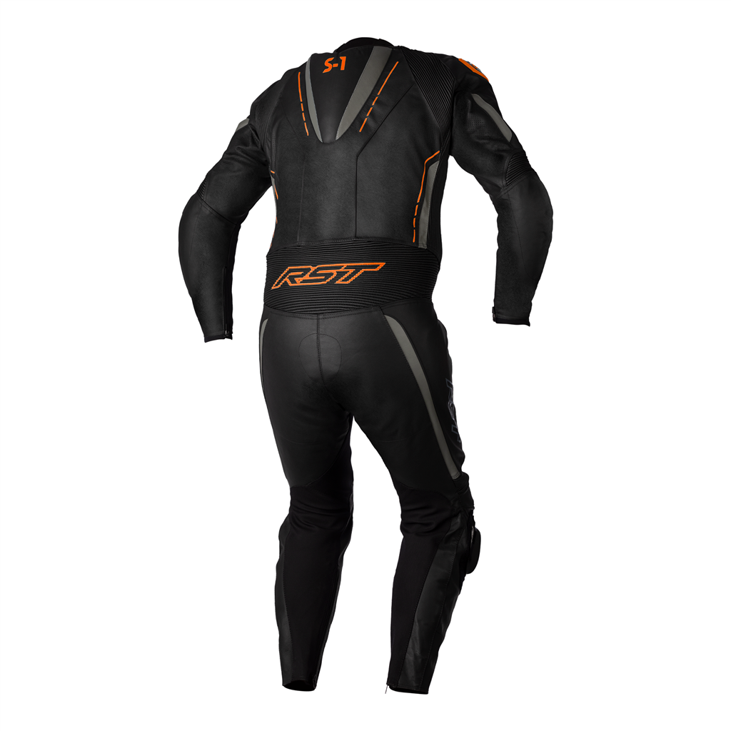 RST S1 CE Mens One Piece Leather Suit - Black / Grey / Neon Orange