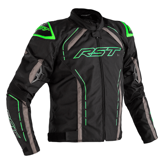 RST S1 CE Mens Textile Jacket - Black / Grey / Neon Green .