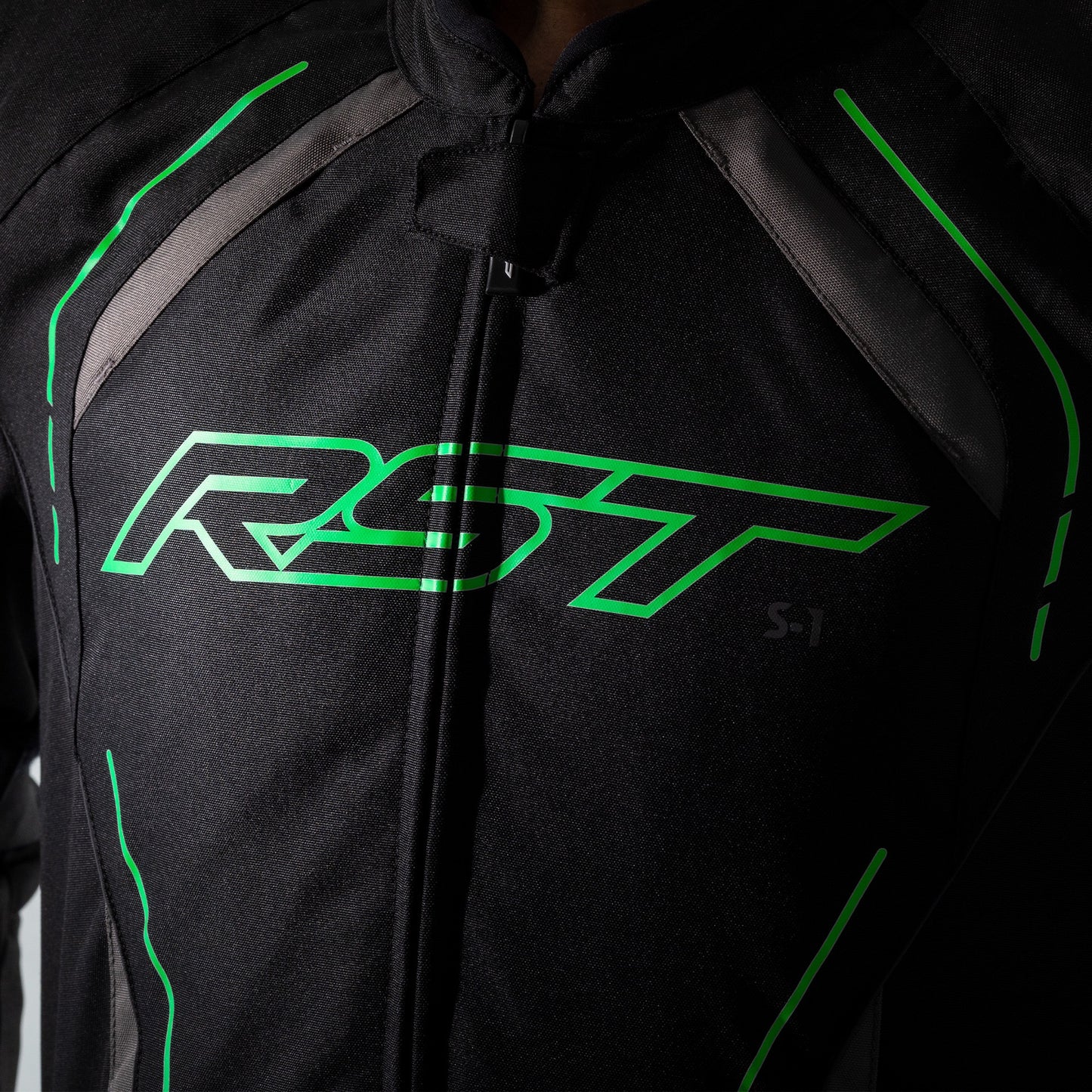 RST S1 CE Mens Textile Jacket - Black / Grey / Neon Green .